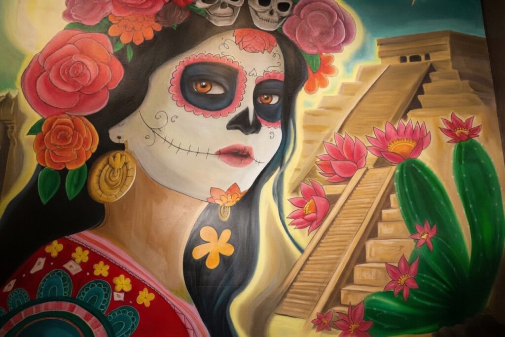 Murale d’une Catrina devant une pyramide, des cactus et des fleurs